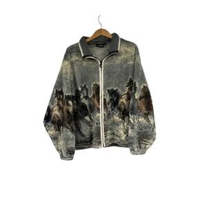 Vintage Outback Trading Company Jacket Horse Western Print Sherpa Fleece Large